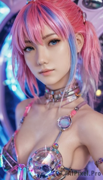 1girl,solo,breasts,looking at viewer,short hair,bangs,blue eyes,cleavage,bare shoulders,twintails,jewelry,medium breasts,closed mouth,blue hair,collarbone,swimsuit,upper body,pink hair,bikini,multicolored hair,small breasts,choker,armpits,blurry,two-tone hair,lips,streaked hair,bikini top only,armlet,science fiction,realistic,nose,hair between eyes,sidelocks,artist name,collar,eyelashes,makeup,depth of field,blurry background,gem,pink lips