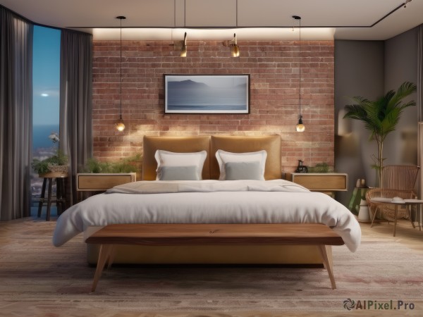 sky,day,indoors,tree,pillow,no humans,window,bed,night,chair,table,bottle,plant,curtains,scenery,couch,wooden floor,blanket,potted plant,lamp,bedroom,stool,carpet,rug,cup,blue sky,bed sheet,door,wall,brick wall,light bulb,ceiling light,cabinet,chandelier