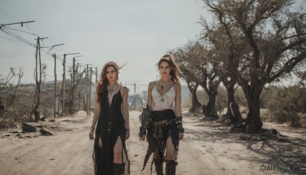 long hair,breasts,looking at viewer,multiple girls,skirt,blonde hair,brown hair,thighhighs,gloves,dress,2girls,cleavage,bare shoulders,jewelry,medium breasts,closed mouth,standing,weapon,earrings,boots,outdoors,sleeveless,day,belt,fingerless gloves,necklace,black dress,tree,gun,tank top,goggles,scenery,motor vehicle,snow,goggles on head,realistic,arms at sides,red lips,road,ruins,power lines,bare tree,utility pole,sky,pointy ears,pants,knee boots,pendant,dirty