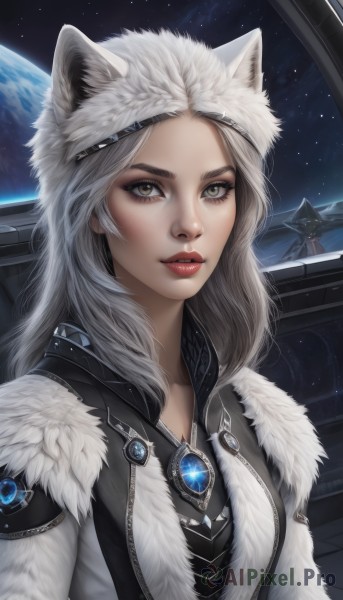 1girl,solo,long hair,breasts,looking at viewer,hat,animal ears,brown eyes,jewelry,upper body,white hair,parted lips,sky,cat ears,lips,coat,grey eyes,fur trim,eyelashes,makeup,lipstick,gem,star (sky),starry sky,realistic,nose,red lips,space,planet,fur hat,2girls,yellow eyes,artist name,witch hat,wolf ears,earth (planet)