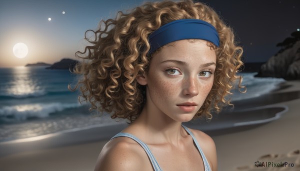 1girl,solo,looking at viewer,short hair,blonde hair,brown hair,bare shoulders,brown eyes,closed mouth,collarbone,upper body,hairband,outdoors,sky,dark skin,water,blurry,dark-skinned female,lips,night,headband,ocean,beach,moon,portrait,star (sky),night sky,full moon,freckles,curly hair,realistic,nose,sand,blue hairband,eyelashes,wavy hair,rock