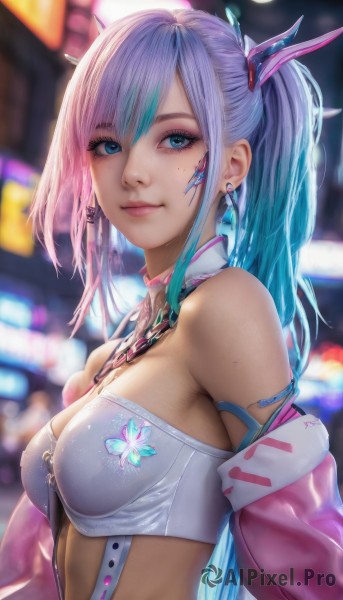 1girl,solo,long hair,breasts,looking at viewer,smile,bangs,blue eyes,hair ornament,cleavage,bare shoulders,twintails,jewelry,medium breasts,closed mouth,blue hair,jacket,upper body,ponytail,pink hair,sidelocks,multicolored hair,earrings,open clothes,necktie,off shoulder,bra,mole,blurry,two-tone hair,open jacket,lips,strapless,aqua hair,gradient hair,makeup,detached collar,depth of field,blurry background,between breasts,eyeshadow,realistic,nose,pink jacket,necktie between breasts,mascara,purple hair,midriff,artist name,necklace,from side,streaked hair,crop top,eyelashes,freckles,science fiction,pink lips,bustier,cyberpunk