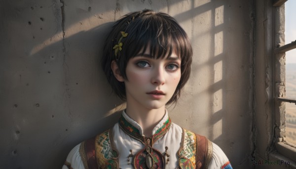 1girl,solo,looking at viewer,short hair,bangs,brown hair,shirt,black hair,hair ornament,white shirt,upper body,outdoors,parted lips,day,mole,black eyes,lips,grey eyes,mole under eye,shadow,chinese clothes,sunlight,building,portrait,androgynous,freckles,realistic,nose,wall,ruins,blue eyes,hairband,eyelashes,window,makeup