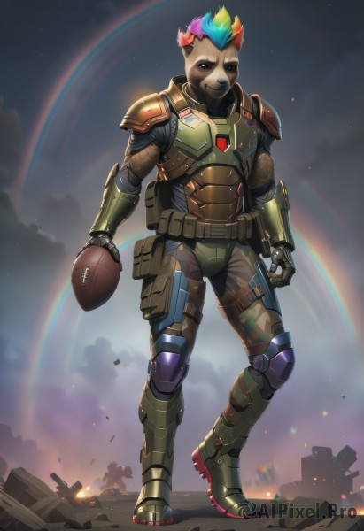 solo,looking at viewer,smile,gloves,1boy,holding,blue hair,standing,full body,pink hair,male focus,multicolored hair,boots,outdoors,sky,belt,cloud,armor,black eyes,helmet,shoulder armor,personification,headwear removed,knee pads,rainbow,explosive,helmet removed,mohawk,rainbow hair,short hair,animal ears,weapon,green hair,teeth,two-tone hair,military,gauntlets,furry,armored boots,furry male,shoulder pads,furrification