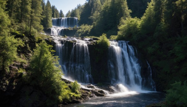 outdoors,sky,day,water,tree,no humans,sunlight,nature,scenery,forest,river,waterfall,landscape,cloud,blue sky