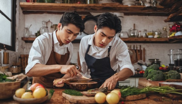 short hair,shirt,black hair,holding,closed eyes,white shirt,male focus,food,multiple boys,collared shirt,indoors,2boys,blurry,apron,window,fruit,facial hair,looking down,bottle,knife,plate,sleeves rolled up,realistic,basket,holding knife,bread,cooking,shelf,meat,kitchen,jar,vegetable,kitchen knife,cutting board,onion,dark skin,siblings,dark-skinned male,carrot,tomato,lettuce,potato