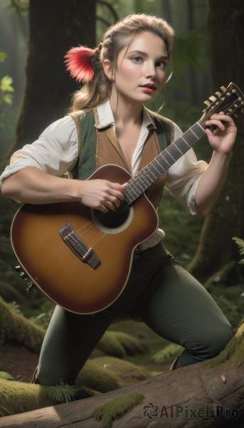 1girl,solo,long hair,blue eyes,blonde hair,brown hair,shirt,hair ornament,standing,white shirt,ponytail,boots,outdoors,pants,blurry,vest,tree,lips,feathers,instrument,nature,sleeves rolled up,forest,freckles,realistic,nose,music,guitar,playing instrument,holding instrument,plectrum,lute (instrument),acoustic guitar,1boy,male focus