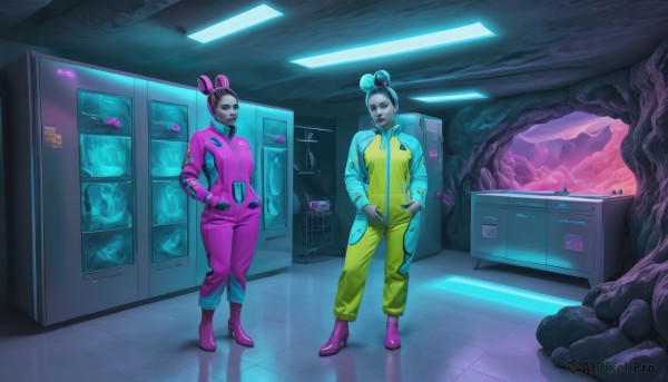 breasts,short hair,multiple girls,black hair,2girls,standing,small breasts,boots,indoors,dark skin,hair bun,looking at another,high heels,dark-skinned female,double bun,aqua hair,bodysuit,fake animal ears,colored skin,science fiction,hands in pockets,tiles,jumpsuit,horror (theme),pink bodysuit,spacesuit,cyberpunk,gloves,animal ears,rabbit ears,makeup,lipstick,realistic