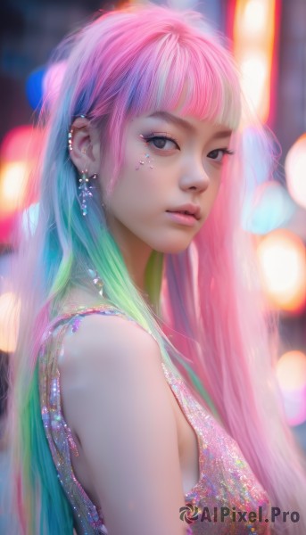 1girl,solo,long hair,breasts,looking at viewer,bangs,dress,bare shoulders,jewelry,closed mouth,upper body,pink hair,multicolored hair,earrings,green hair,sleeveless,artist name,blunt bangs,blurry,black eyes,from side,lips,grey eyes,eyelashes,aqua hair,gradient hair,makeup,depth of field,blurry background,watermark,piercing,ear piercing,web address,realistic,nose,rainbow hair,parted lips,necklace,looking to the side,facial mark,expressionless,pink lips,bokeh,mascara