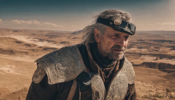 solo,1boy,closed mouth,upper body,grey hair,male focus,outdoors,sky,day,cloud,armor,facial hair,ocean,scar,beach,goggles,shoulder armor,beard,scar on face,goggles on head,pauldrons,realistic,mustache,sand,scar across eye,desert,chainmail,hat,blue sky,looking to the side,helmet,horizon,manly,sepia,goggles on headwear,brown theme