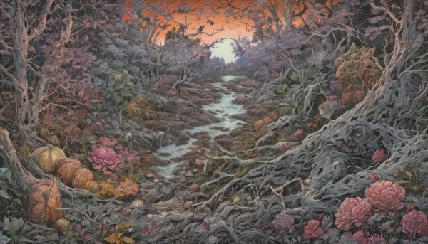 A landscape showcased in a tranquil sunset outdoors
