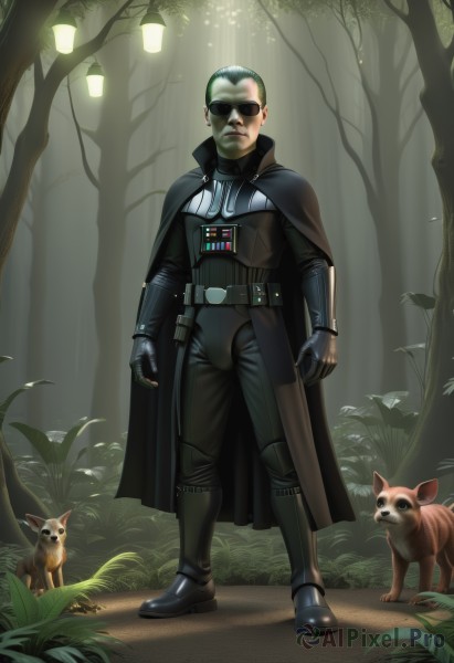 solo,gloves,1boy,standing,full body,male focus,boots,outdoors,green hair,belt,cape,armor,tree,bodysuit,facial hair,animal,leaf,sunglasses,grass,nature,beard,forest,science fiction,realistic,bald,superhero,squirrel,black hair,black gloves,cat,walking,dog,light,lamp,mushroom,pet