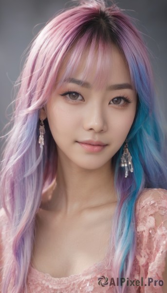 1girl,solo,long hair,breasts,looking at viewer,smile,bangs,simple background,dress,cleavage,brown eyes,jewelry,medium breasts,closed mouth,blue hair,collarbone,upper body,pink hair,multicolored hair,earrings,small breasts,grey background,two-tone hair,lips,eyelashes,gradient hair,thick eyebrows,portrait,realistic,nose,artist name,watermark,messy hair