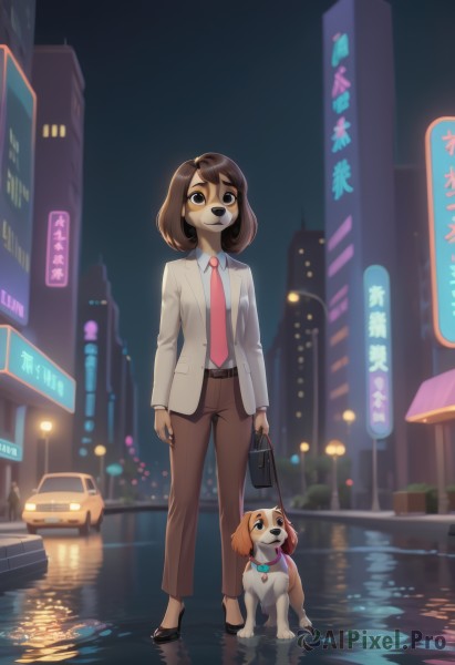 1girl,solo,looking at viewer,smile,short hair,bangs,brown hair,shirt,long sleeves,holding,animal ears,brown eyes,jewelry,closed mouth,standing,jacket,full body,white shirt,outdoors,open clothes,necktie,sky,shoes,collared shirt,belt,pants,artist name,medium hair,water,bag,black footwear,high heels,collar,night,animal,formal,blazer,suit,red necktie,ground vehicle,building,dog ears,night sky,motor vehicle,furry,buckle,reflection,walking,dog,belt buckle,handbag,city,grey jacket,leash,furry female,dog girl,car,road,holding bag,brown pants,lamppost,street,skyscraper,pink necktie,city lights,holding leash,black eyes,open jacket,wing collar,rain,dog tail,brown jacket,arms at sides,shiba inu