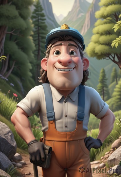 1girl,solo,looking at viewer,smile,brown hair,shirt,gloves,1boy,hat,holding,brown eyes,standing,white shirt,short sleeves,male focus,outdoors,teeth,day,black gloves,collared shirt,pants,medium hair,grin,uniform,black eyes,tree,hand on hip,suspenders,grass,child,nature,blue headwear,forest,rock,overalls,dirty,flower,thick eyebrows,realistic,nose,fat,police,deviantart username