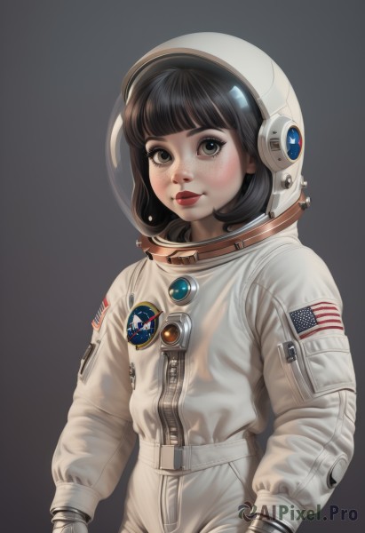 1girl,solo,looking at viewer,blush,smile,short hair,bangs,simple background,black hair,gloves,long sleeves,brown eyes,closed mouth,standing,upper body,cowboy shot,blunt bangs,grey background,black eyes,lips,makeup,helmet,black background,freckles,realistic,red lips,american flag,spacesuit,japanese flag,space helmet,astronaut,bob cut,lipstick,nose