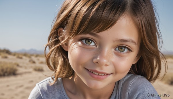 1girl,solo,looking at viewer,smile,short hair,bangs,brown hair,shirt,brown eyes,outdoors,parted lips,sky,teeth,day,medium hair,grin,blurry,blue sky,lips,depth of field,blurry background,blue shirt,portrait,freckles,realistic,nose,open mouth,close-up