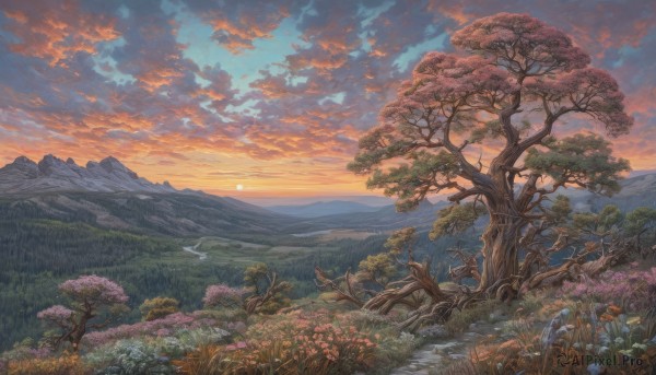 A vivid sunset outdoors highlighting a landscape