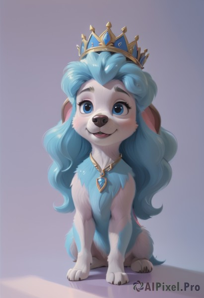 1girl,solo,long hair,looking at viewer,blush,smile,open mouth,blue eyes,simple background,animal ears,jewelry,blue hair,full body,teeth,shiny,artist name,grey background,necklace,shiny hair,no humans,animal,blue background,happy,crown,gem,furry,pendant,dog,furry female,body fur,animal nose,snout,blue gemstone,buck teeth,sitting,:d,freckles,animal focus