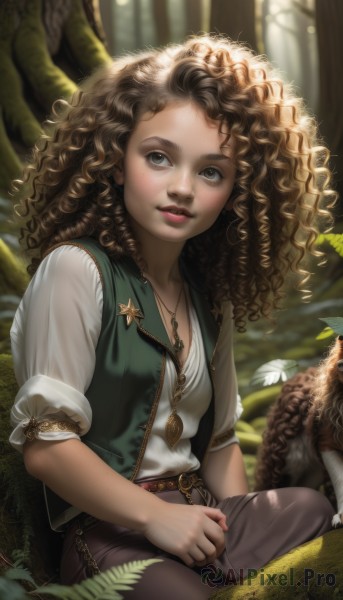 1girl,solo,long hair,breasts,looking at viewer,smile,brown hair,shirt,brown eyes,jewelry,sitting,white shirt,short sleeves,small breasts,outdoors,parted lips,day,puffy sleeves,belt,pants,signature,dark skin,necklace,blurry,vest,dark-skinned female,tree,lips,eyelashes,blurry background,animal,leaf,wavy hair,sunlight,grass,nature,pendant,forest,freckles,curly hair,realistic,nose,indian style,brown pants,big hair,dappled sunlight,open vest,hat,earrings,teeth,watermark,feathers,web address,headwear removed,horse