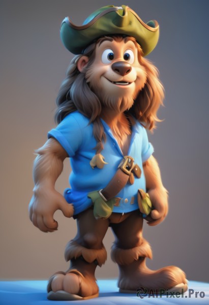 solo,long hair,looking at viewer,smile,open mouth,simple background,brown hair,shirt,1boy,hat,animal ears,brown eyes,standing,full body,short sleeves,male focus,teeth,belt,artist name,gradient background,blue shirt,furry,furry male,pirate hat,brown fur,parted lips,barefoot,pants,facial hair,watermark,web address,freckles,brown belt,brown pants,buck teeth