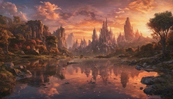 A charming sunset outdoors featuring a landscape