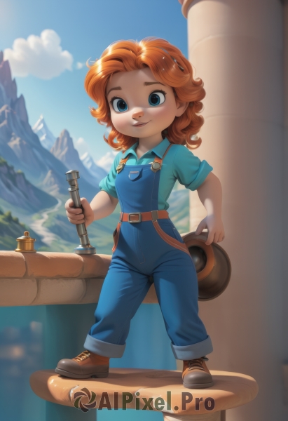 1girl,solo,long hair,looking at viewer,smile,blue eyes,shirt,holding,standing,full body,short sleeves,boots,outdoors,sky,shoes,day,collared shirt,belt,cloud,medium hair,orange hair,blue sky,brown footwear,blue shirt,child,sleeves rolled up,freckles,curly hair,mountain,female child,overalls,hammer,blue overalls,short hair,open mouth,hat,red hair,hairband,aged down