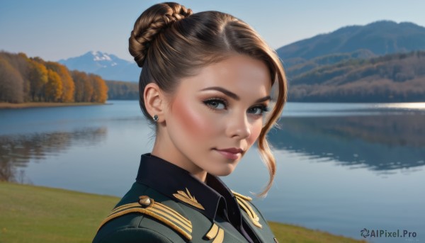 1girl,solo,looking at viewer,short hair,brown hair,shirt,brown eyes,jewelry,closed mouth,jacket,braid,earrings,outdoors,day,water,hair bun,uniform,lips,military,military uniform,single hair bun,portrait,reflection,epaulettes,mountain,realistic,stud earrings,hair behind ear,river,lake,sky,artist name,signature,tree,eyelashes,makeup,nature,scenery,nose,braided bun,military jacket