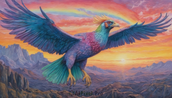 solo,red eyes,full body,outdoors,wings,sky,cloud,pokemon (creature),no humans,bird,traditional media,cloudy sky,feathers,scenery,flying,sunset,mountain,sun,painting (medium),animal focus,rainbow,twilight,talons,beak,spread wings,signature,realistic,sunrise