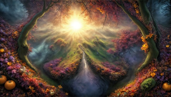A striking sunset outdoors featuring the elegance of a waterfall