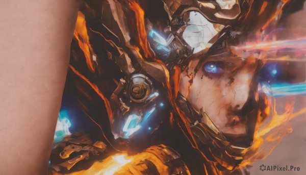 1girl,solo,blue eyes,armor,no humans,glowing,fire,robot,mecha,glowing eyes,close-up,science fiction,battle,helmet,colored sclera,realistic,android,glowing eye,cyborg,damaged,mechanical parts