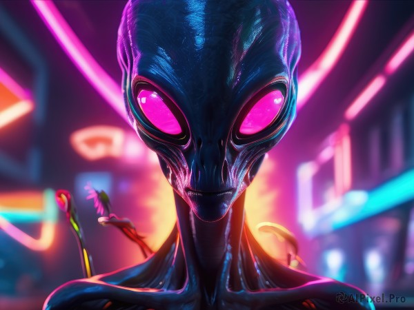 1girl,solo,looking at viewer,1boy,male focus,shiny,pink eyes,blurry,bodysuit,blurry background,glowing,portrait,neon lights,long hair,teeth,mask,night