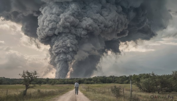 solo,shirt,1boy,standing,white shirt,male focus,outdoors,sky,day,pants,cloud,from behind,tree,cloudy sky,grass,nature,scenery,smoke,walking,road,wide shot,power lines,fog,path,hat,bag,fence,field,landscape