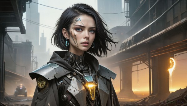 HQ,1girl,solo,looking at viewer,short hair,blue eyes,black hair,jewelry,jacket,upper body,earrings,outdoors,parted lips,medium hair,armor,lips,bodysuit,glowing,facial mark,ground vehicle,building,motor vehicle,forehead,science fiction,city,realistic,cable,facial tattoo,cyborg,power lines,cyberpunk,teeth,solo focus,makeup,wind,rain,nose,dirty,power armor,dirty face