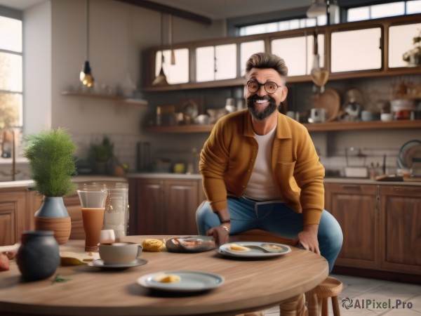 solo,looking at viewer,smile,short hair,brown hair,shirt,black hair,long sleeves,1boy,brown eyes,sitting,jacket,white shirt,male focus,food,open clothes,glasses,teeth,pants,indoors,grin,blurry,open jacket,cup,window,blurry background,facial hair,chair,table,plant,denim,beard,plate,black-framed eyewear,bowl,watch,jeans,round eyewear,mustache,blue pants,potted plant,bread,stool,egg,hair slicked back,meat,kitchen,frying pan,restaurant,egg (food),counter,fried egg,open mouth,holding,day,knife,brown jacket,wristwatch,leather,leather jacket,cafe