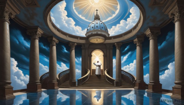 1girl,solo,1boy,dress,standing,white hair,outdoors,sky,day,cloud,water,white dress,blue sky,cloudy sky,scenery,reflection,fantasy,clock,wide shot,pillar,tower,arch,column,long hair,holding,weapon,male focus,sunlight,robe,light rays,stairs,sun,architecture,statue,white robe