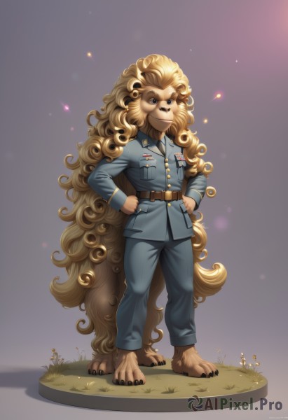 solo,long hair,looking at viewer,smile,blue eyes,blonde hair,1boy,very long hair,standing,full body,flower,male focus,barefoot,belt,pants,artist name,signature,grey background,uniform,military,military uniform,grass,furry,curly hair,hands on hips,absurdly long hair,furry male,big hair,faux figurine,1girl,simple background,animal ears,jacket,no humans,watermark,blue shirt,claws,blue pants