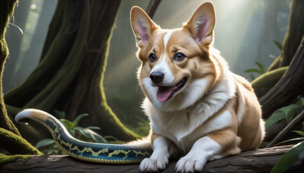 HQ,solo,looking at viewer,open mouth,blue eyes,brown eyes,outdoors,day,tongue,tongue out,tree,no humans,animal,fangs,sunlight,plant,nature,forest,light rays,snake,realistic,branch,animal focus,signature,blurry,dog