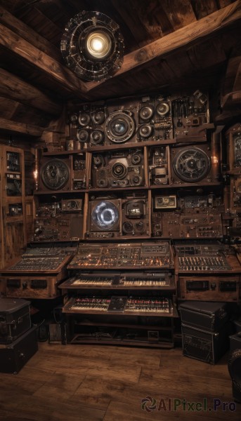 indoors,no humans,chair,scenery,wooden floor,stairs,clock,bookshelf,gears,speaker,steampunk,fantasy,analog clock,wall clock