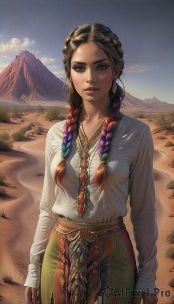 1girl,solo,long hair,breasts,looking at viewer,skirt,brown hair,shirt,black hair,hair ornament,long sleeves,brown eyes,jewelry,medium breasts,standing,white shirt,braid,red hair,multicolored hair,cowboy shot,earrings,outdoors,parted lips,sky,day,artist name,cloud,necklace,twin braids,two-tone hair,blue sky,lips,eyelashes,gradient hair,makeup,lipstick,green skirt,hair over shoulder,forehead,freckles,mountain,realistic,nose,arms at sides,red lips,mountainous horizon,mascara,desert,multiple braids,smile,purple hair,signature,fingernails,thick eyebrows,traditional clothes