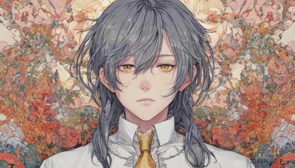 1girl,solo,long hair,looking at viewer,bangs,shirt,1boy,hair between eyes,closed mouth,yellow eyes,white shirt,upper body,flower,grey hair,male focus,necktie,collared shirt,medium hair,lips,expressionless,red flower,portrait,floral background,yellow necktie,straight-on