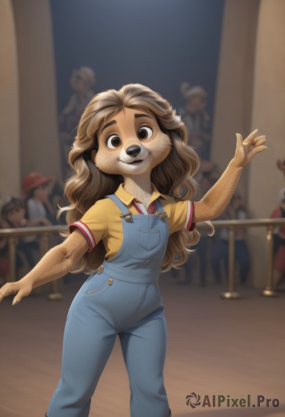 1girl,solo,long hair,looking at viewer,smile,open mouth,brown hair,shirt,hat,animal ears,brown eyes,standing,short sleeves,teeth,solo focus,collared shirt,pants,artist name,indoors,hand up,blurry,flat chest,blurry background,thick eyebrows,suspenders,dog ears,red headwear,furry,freckles,pocket,yellow shirt,waving,furry female,dog girl,overalls,body fur,people,blue overalls,bangs,multiple girls,arm up,parted bangs,buttons,depth of field,denim,wing collar,red shirt,baseball cap,dog tail,animal nose,brown fur,two-tone fur,yellow fur