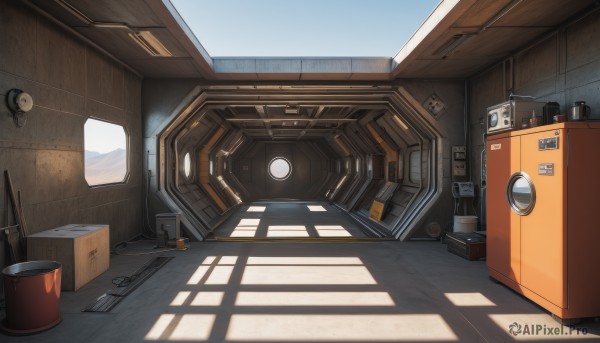 sky,day,indoors,no humans,window,shadow,sunlight,box,scenery,door,clock,bucket,cable,shade,cardboard box,blue sky,science fiction,industrial pipe,drum (container)