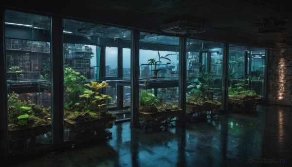 sky,indoors,water,tree,no humans,window,leaf,table,plant,building,scenery,reflection,city,cityscape,architecture,ruins,east asian architecture,skyscraper,overgrown,cloud,night,rain,potted plant