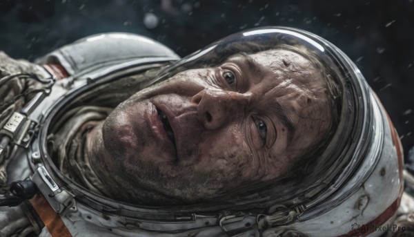 solo,looking at viewer,open mouth,gloves,1boy,male focus,teeth,blurry,black eyes,facial hair,helmet,realistic,space,bald,spacesuit,astronaut,lying,parted lips,on back,grey eyes,blurry background,scar,portrait,reflection,science fiction,dirty,space helmet