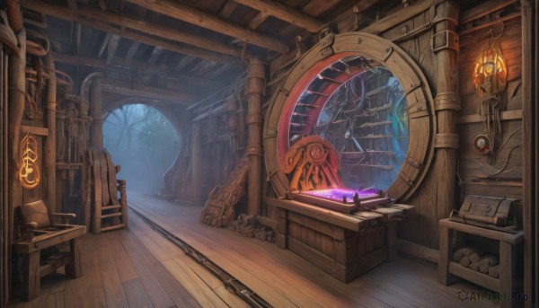 indoors,signature,tree,book,no humans,window,chair,scenery,crystal,wooden floor,stairs,fantasy,bookshelf,gears,treasure chest,crate,night,glowing,table,fire,skull,lantern,door,candle,magic circle,scroll,wood