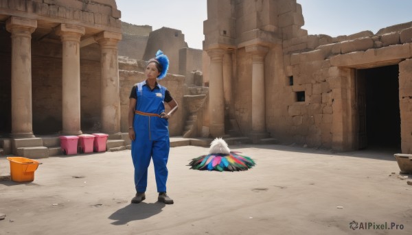 1girl,solo,shirt,1boy,blue hair,standing,ponytail,short sleeves,outdoors,shoes,day,pants,dark skin,hair bun,black footwear,dark-skinned female,hand on hip,black shirt,shadow,bird,single hair bun,hand in pocket,bucket,overalls,wide shot,pillar,jumpsuit,statue,paint,short hair,gloves,jewelry,closed mouth,full body,male focus,belt,dark-skinned male,blue shirt,brown gloves,blue pants,dreadlocks