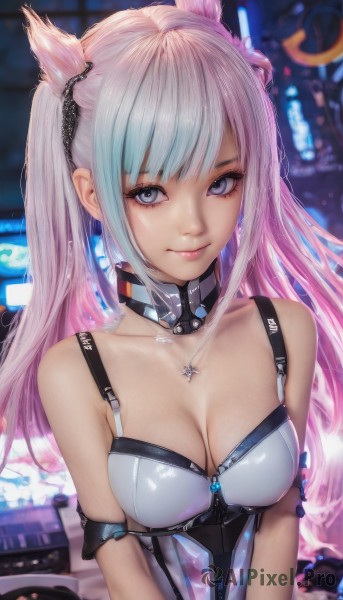 1girl,solo,long hair,breasts,looking at viewer,smile,bangs,cleavage,bare shoulders,twintails,jewelry,medium breasts,closed mouth,blue hair,collarbone,upper body,pink hair,multicolored hair,choker,shiny,necklace,star (symbol),blurry,collar,two-tone hair,lips,grey eyes,eyelashes,gradient hair,makeup,detached collar,blurry background,zipper,blue eyes,animal ears,earrings,artist name,signature,watermark,cross,realistic,nose,cross necklace