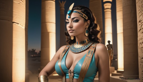 1girl,solo,long hair,breasts,looking at viewer,blue eyes,large breasts,brown hair,black hair,dress,cleavage,bare shoulders,jewelry,medium breasts,upper body,earrings,sleeveless,solo focus,dark skin,necklace,dark-skinned female,lips,makeup,headband,blue dress,watermark,clothes pull,gem,breasts apart,web address,curly hair,realistic,nose,headdress,eyeliner,bracer,neck ring,pillar,egyptian,gorget,column,brown eyes,parted lips,eyelashes,tiara,lipstick,eyeshadow,circlet,headpiece,forehead jewel,egyptian clothes,diadem