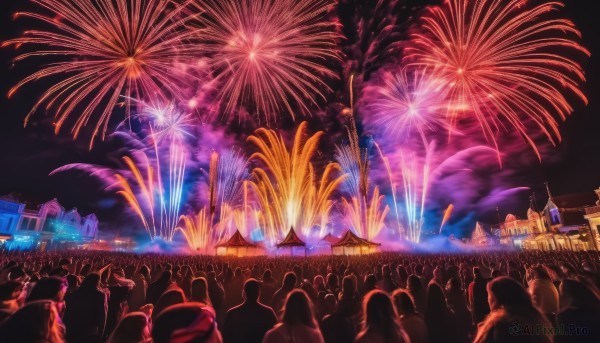 outdoors,multiple boys,sky,cloud,water,tree,no humans,night,ground vehicle,building,night sky,scenery,6+boys,city,silhouette,fireworks,crowd,festival,aerial fireworks,people,6+others,audience,from behind,cityscape,concert